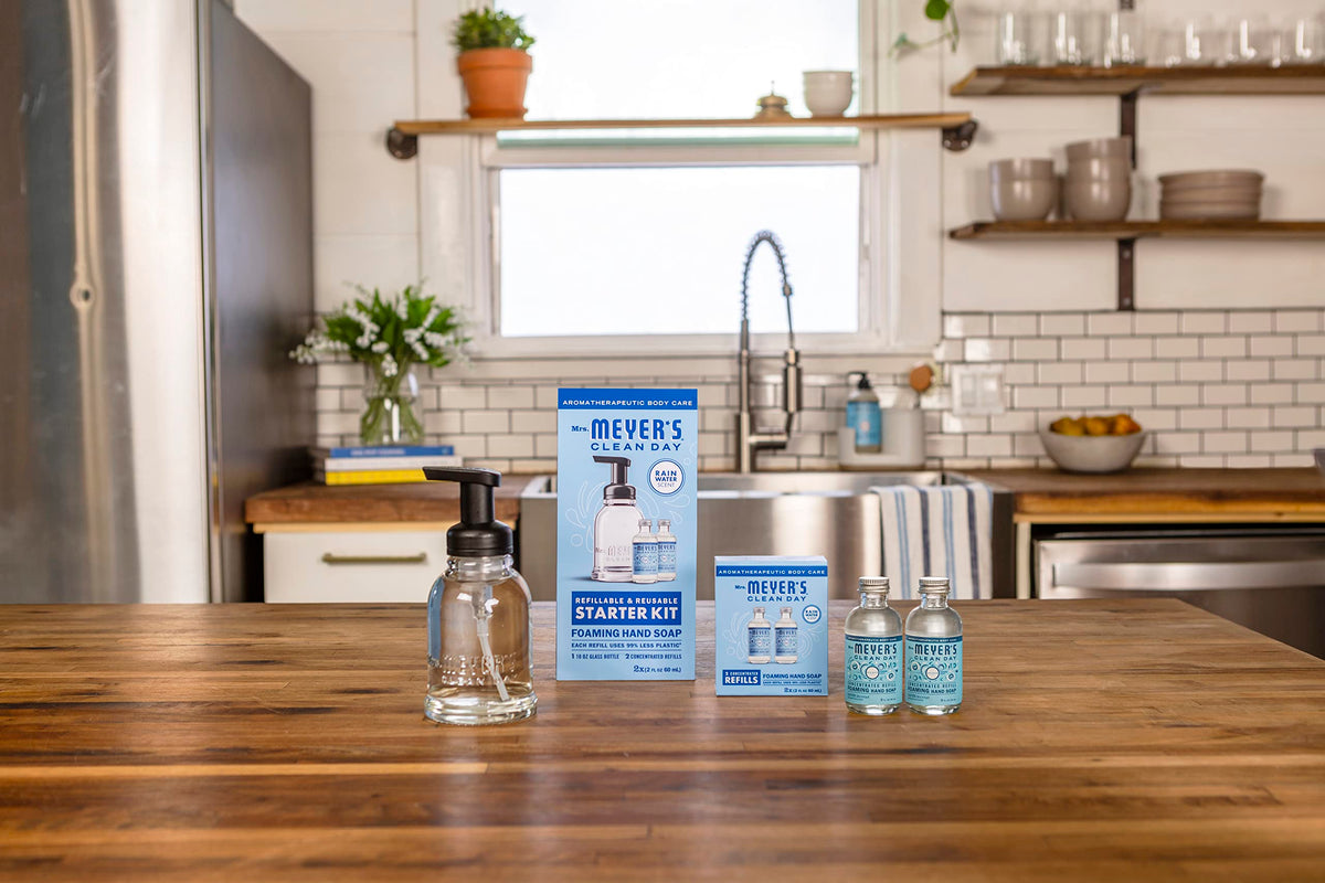 Mrs. MEYER'S size comparison showing 2 fl oz concentrate and resulting 10 fl oz soap