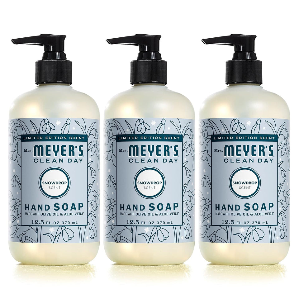 Mrs. MEYER'S front packaging showing Snowdrop scent and benefits