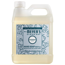 Mrs. Meyer's snowdrop refill front label showing scent and size, dependable refill option