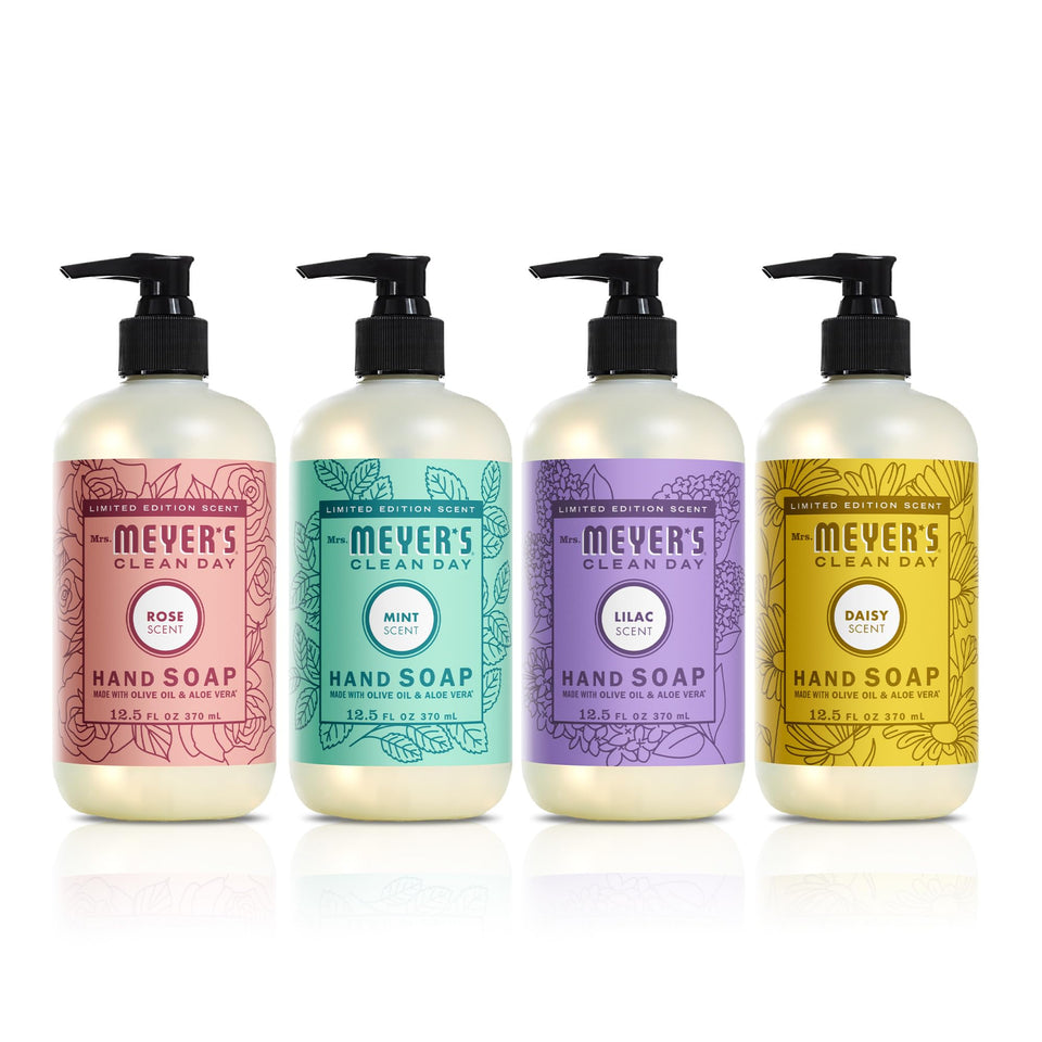 Mrs. MEYER'S spring hand soap set front view showing four scented bottles and labels for easy gifting