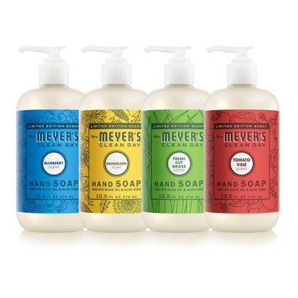 Mrs. MEYER'S front packaging showing four summer soap bottles and vibrant labels, inviting variety