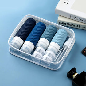 Mrsdry clear toiletry bag open displaying all 16 pieces for airport compliance