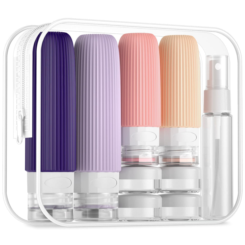 Mrsdry clear pouch showing all 16 travel toiletry pieces, organized and travel-ready