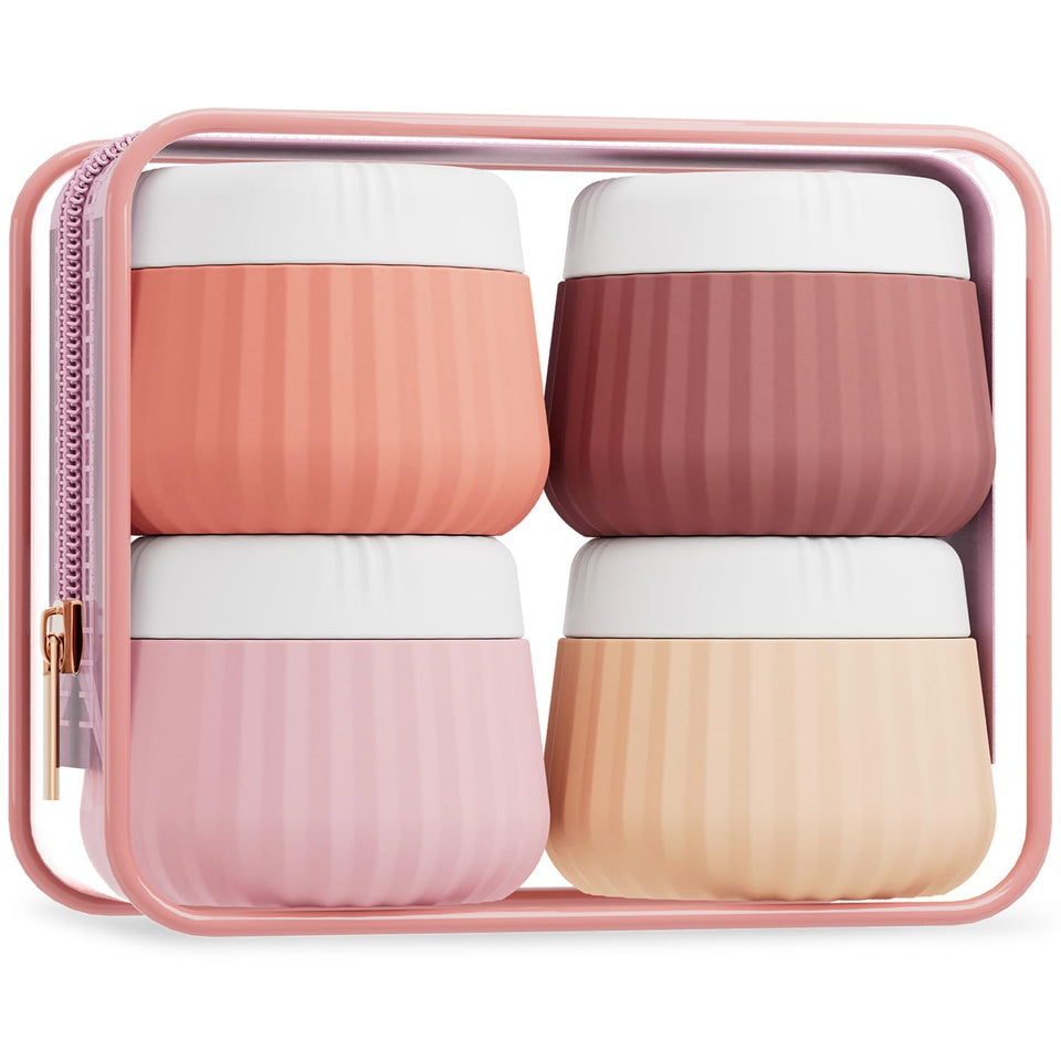 Mrsdry clear bag with four travel jars showing easy airport inspection and organization