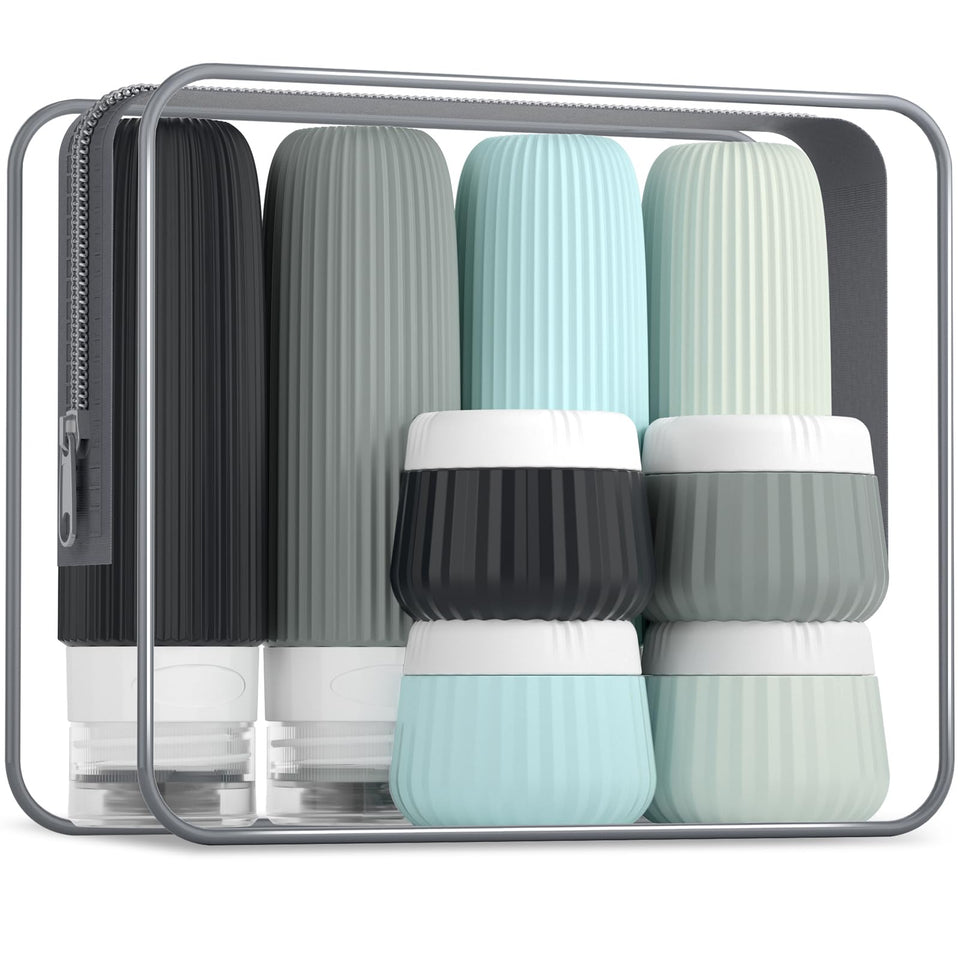 Mrsdry clear bag front view showing organized travel bottles and jars for easy security checks