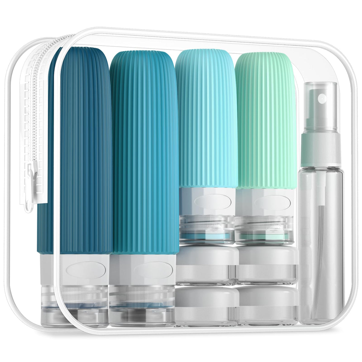 Mrsdry clear bag and entire 16-piece travel set shown neatly packed for travel convenience