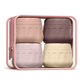Mrsdry front view of jars and clear pouch showing organized travel benefit