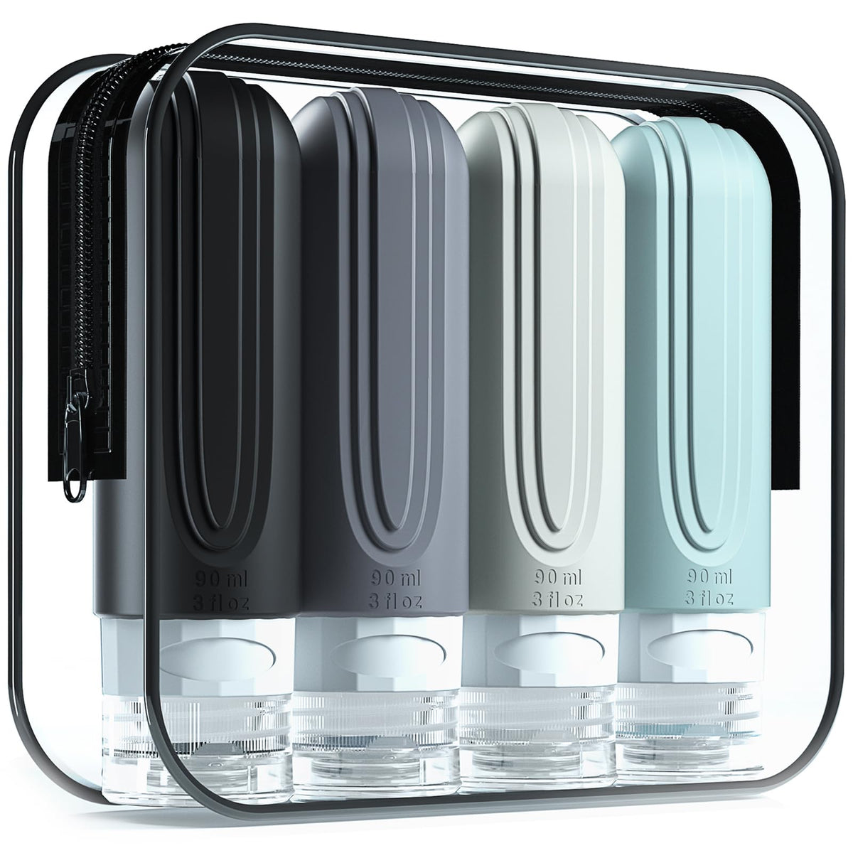 Mrsdry front packaging showing four 3oz bottles and clear labeling benefit: TSA compliance