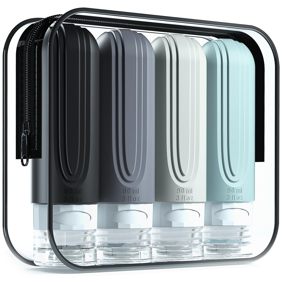 Mrsdry front packaging showing four 3oz bottles and clear labeling benefit: TSA compliance