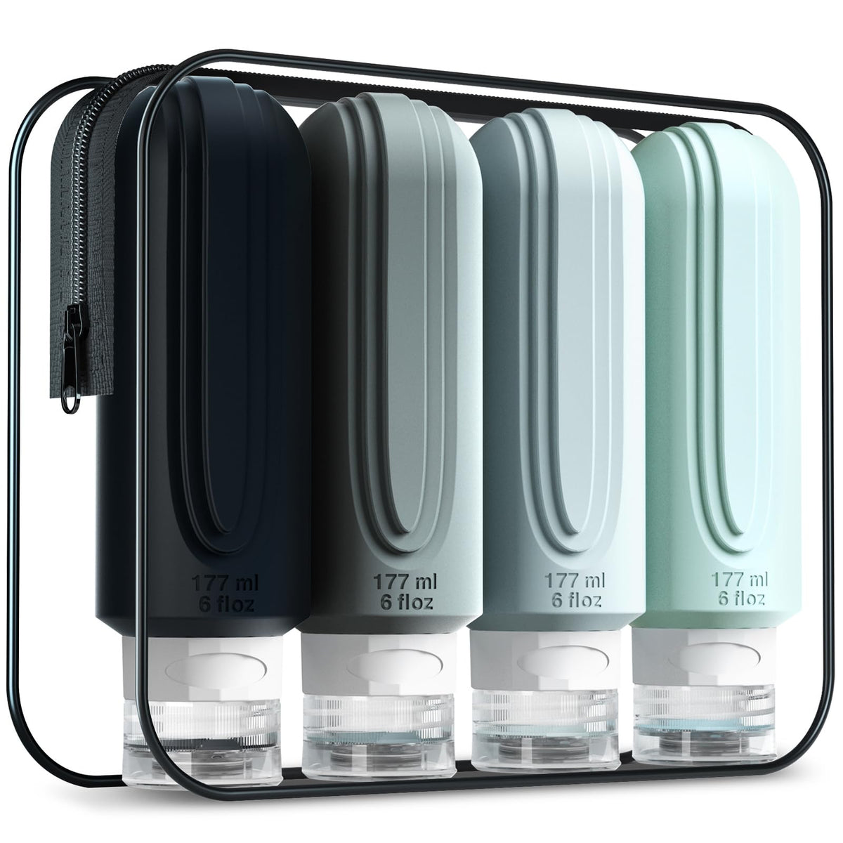 Mrsdry front view of four bottles in pouch showing organized travel convenience