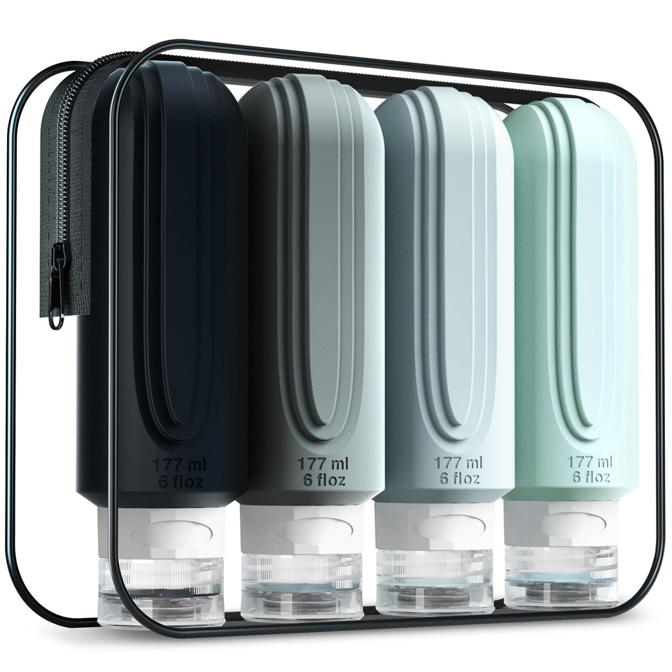 Mrsdry front view of four bottles in pouch showing organized travel convenience
