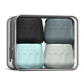 Mrsdry front view of four jars and pouch showing travel-ready set and organization benefit