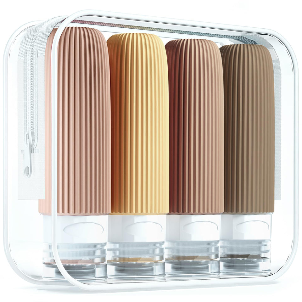 Mrsdry front view of four 3oz bottles in clear bag, travel-ready