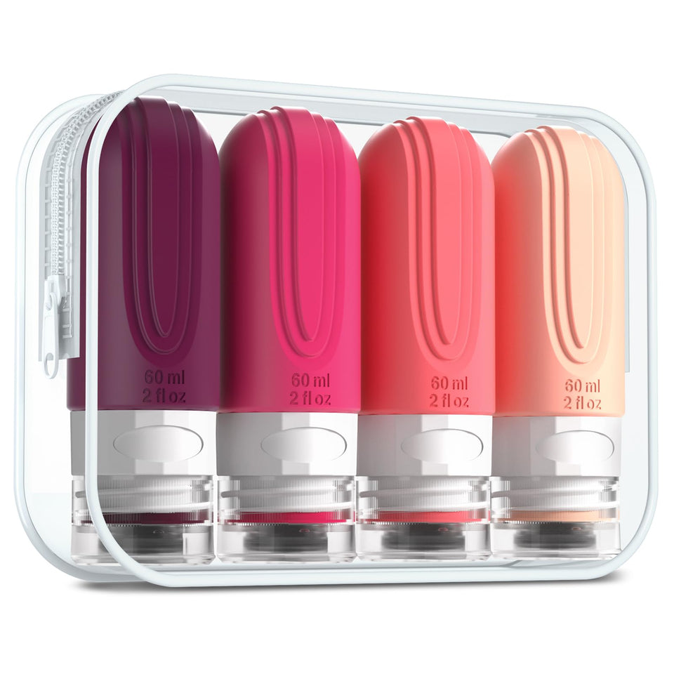 Mrsdry front view of four 2oz bottles and clear pouch showing compact travel set benefits