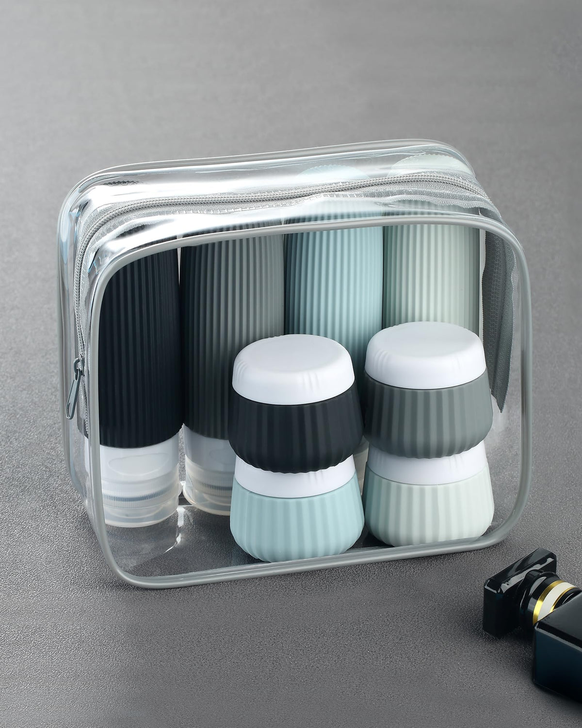 Mrsdry bottles and jars neatly packed in suitcase saving space and preventing spills