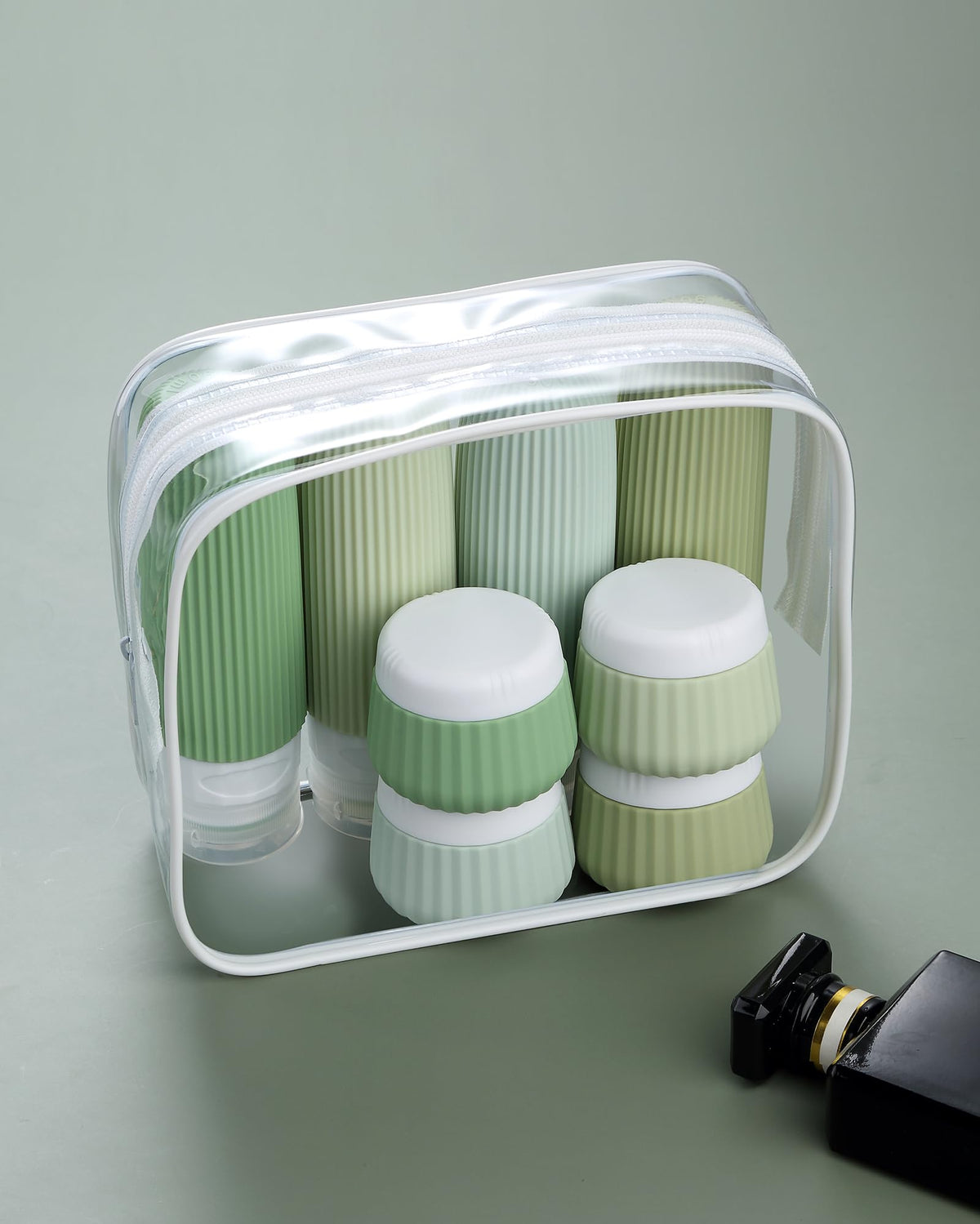 Mrsdry bottles in shower setup, travel-ready toiletries for hotel stays
