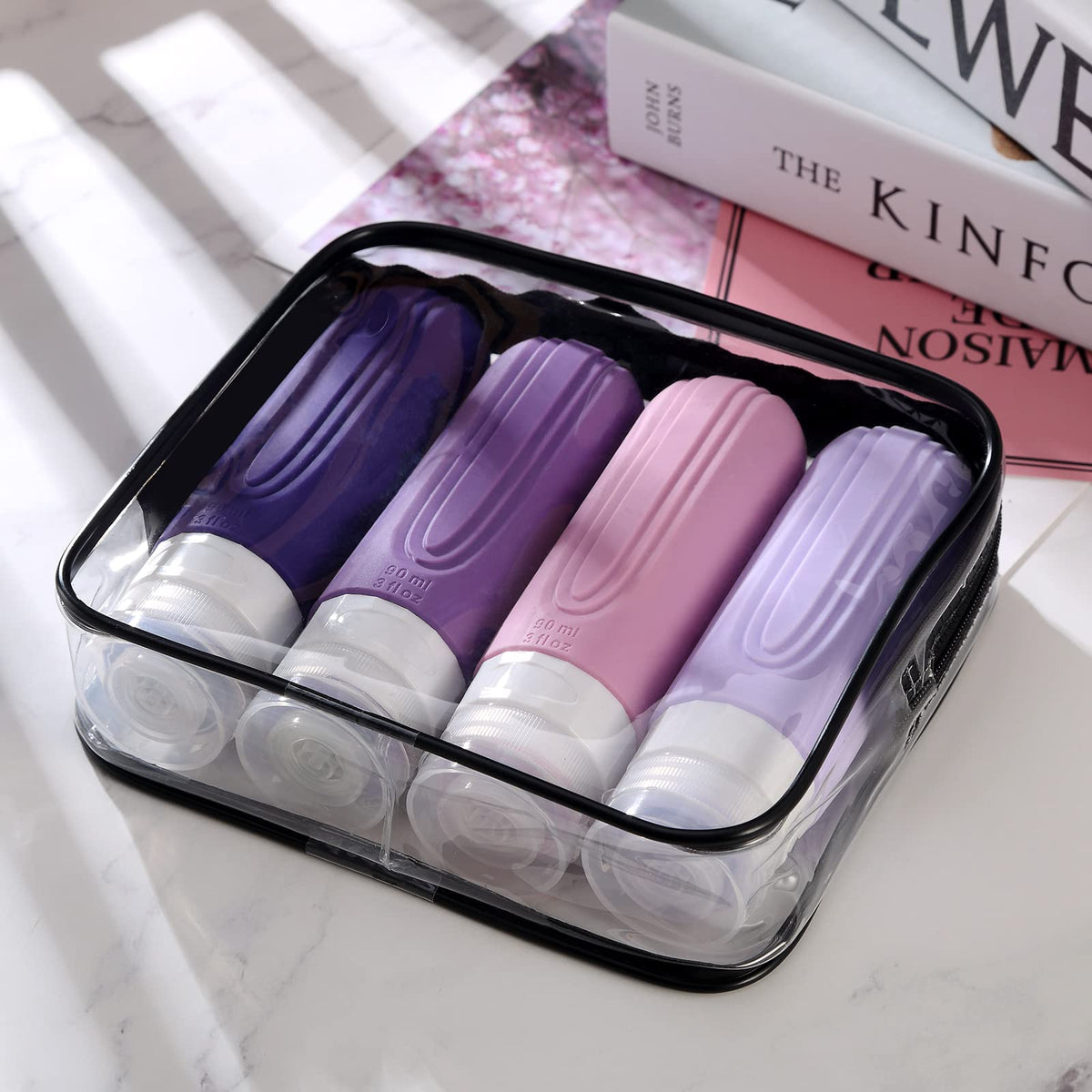 Mrsdry bottles inside clear toiletry bag illustrating organized travel