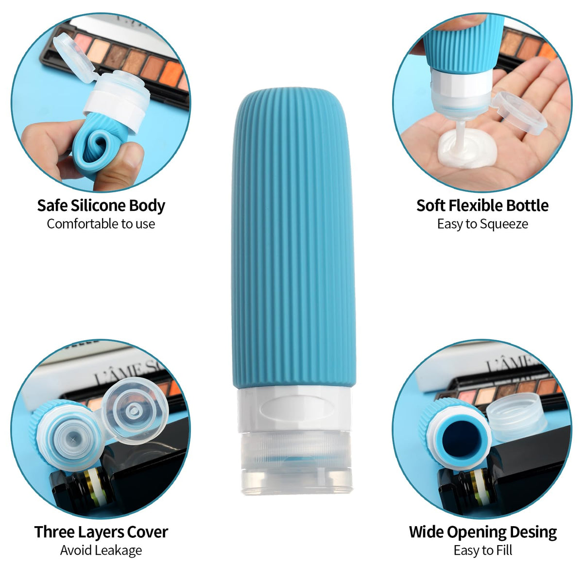 Mrsdry silicone bottle being squeezed to dispense, showing flexible material benefit