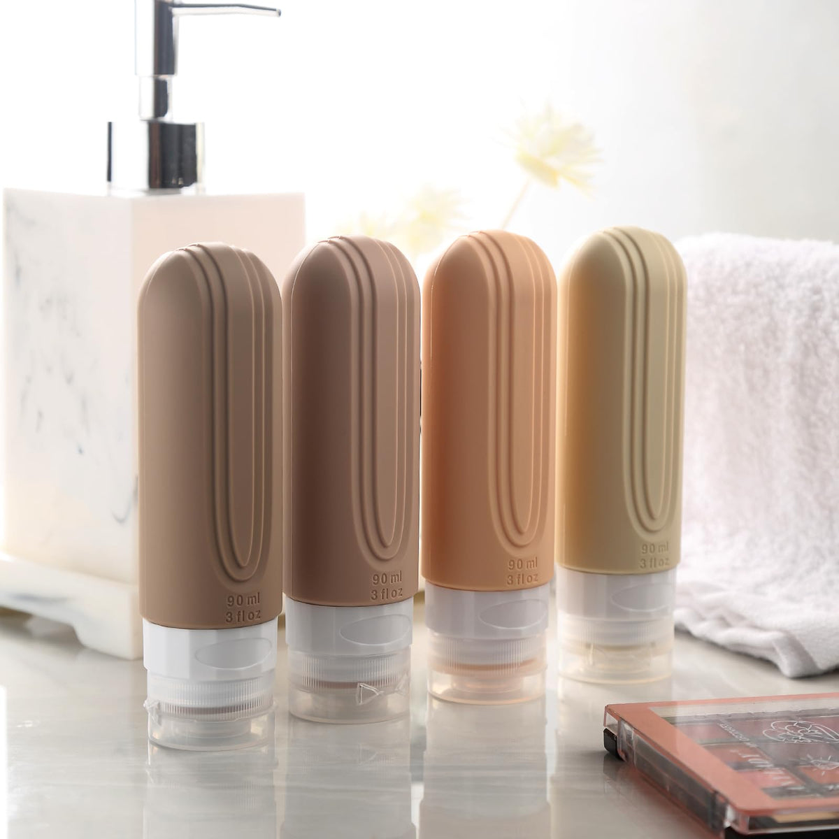 Mrsdry bottles packed in a travel toiletry bag lifestyle shot showing organized carry-on benefit neat storage