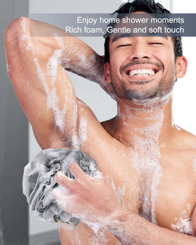 MTDLYICE loofah in shower creating abundant foam with body wash