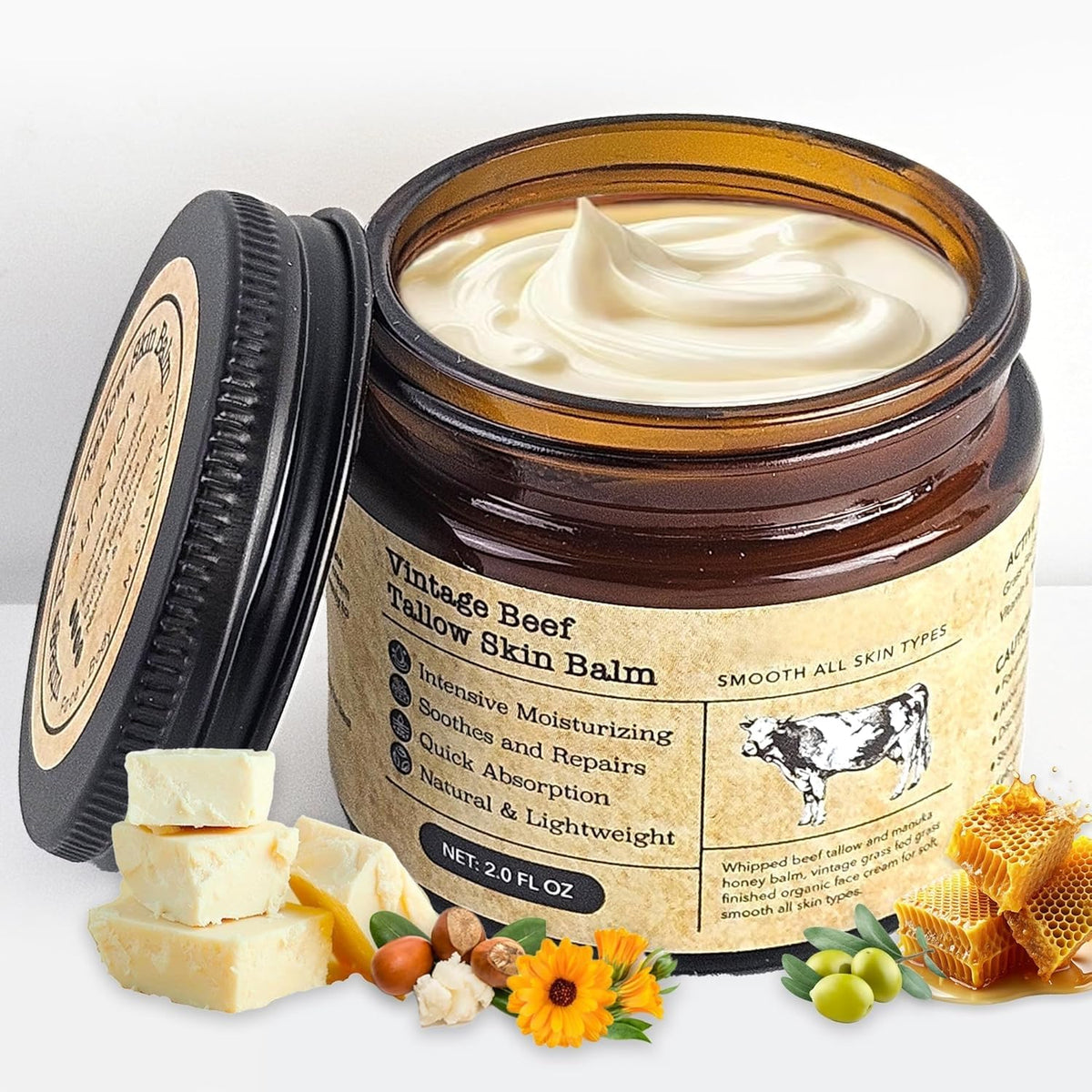 MTGBO front jar of beef tallow honey balm showing compact packaging and natural appeal