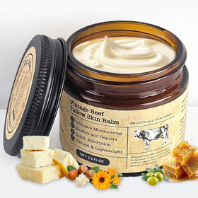 MTGBO front jar of beef tallow honey balm showing compact packaging and natural appeal