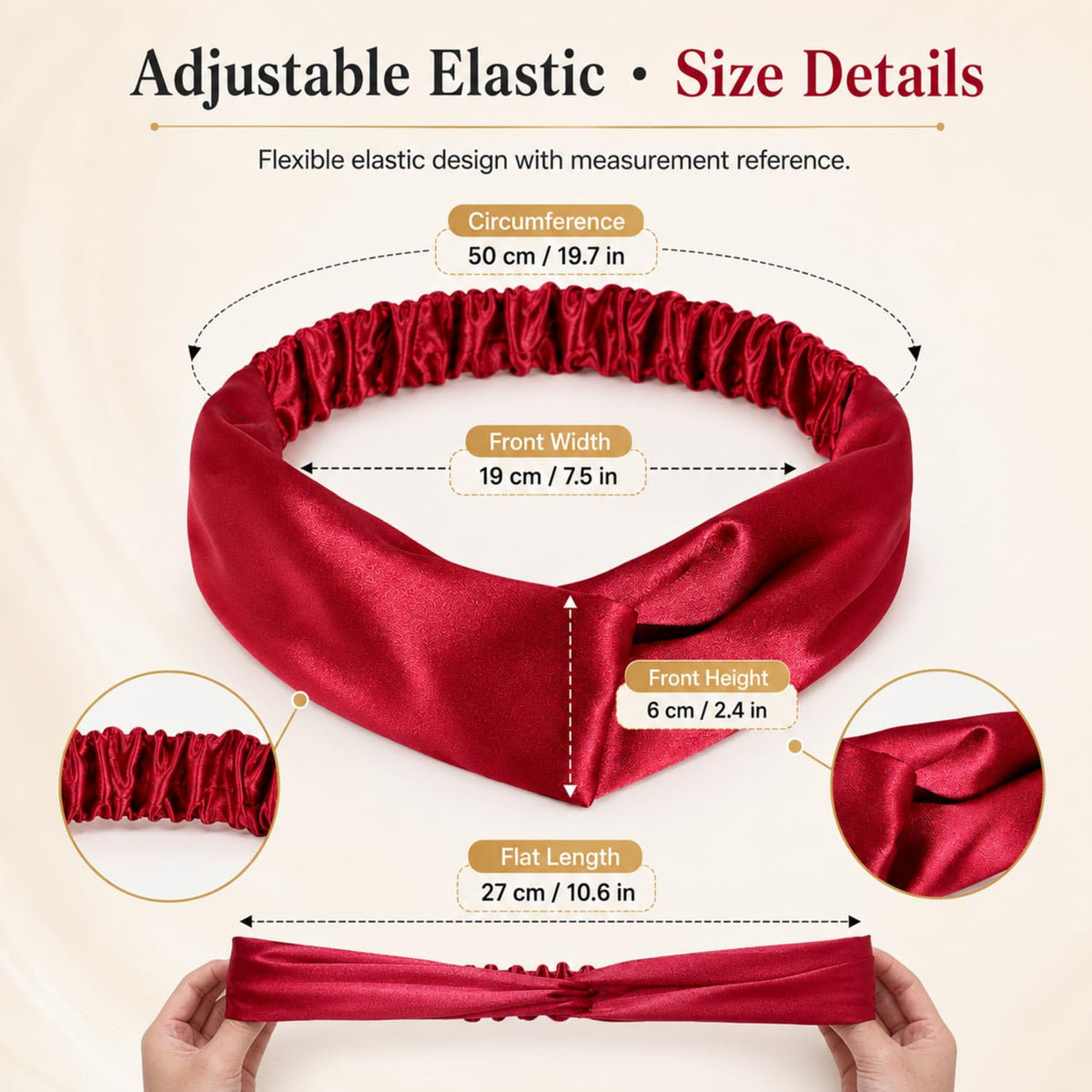 MTLEE headband next to ruler showing width and circumference for sizing clarity
