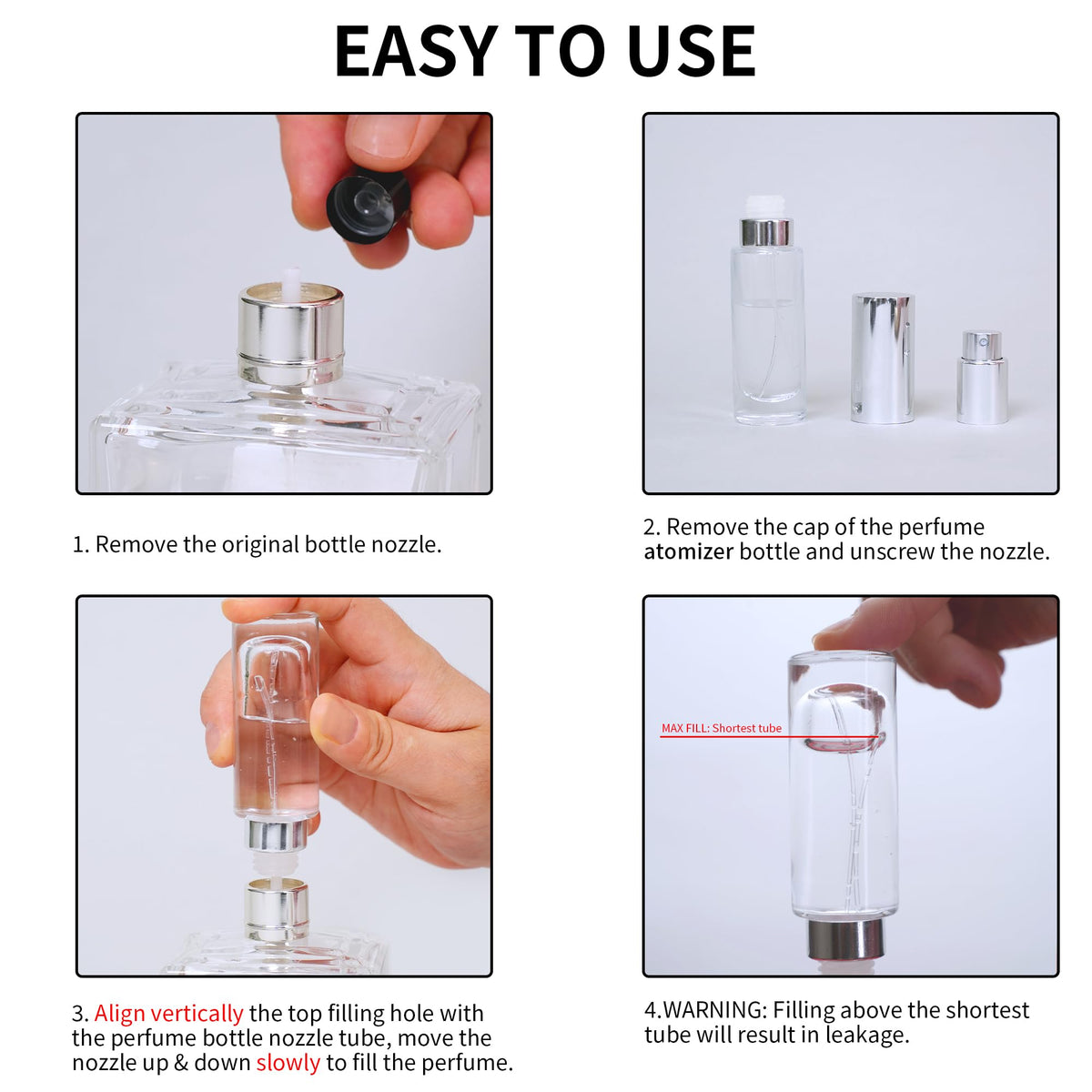 MUB clear glass body revealing remaining perfume level for timely refill monitoring