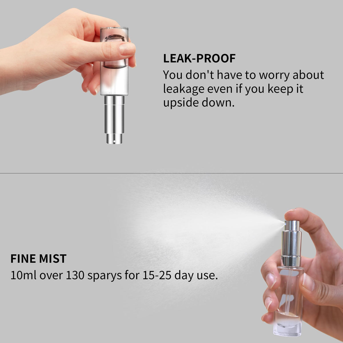 MUB atomizer held in hand while spraying to demonstrate fine mist performance