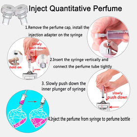 MUB transfer in use showing syringe drawing perfume, spill-free transfer benefit