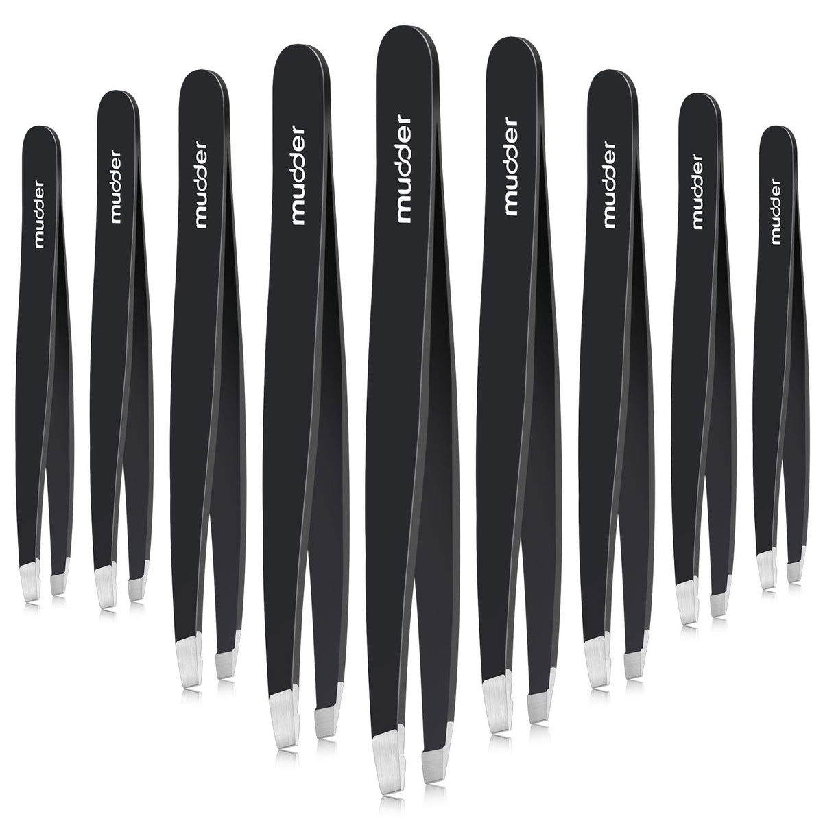 Mudder front view of 12-piece tweezers pack showing professional supply benefit