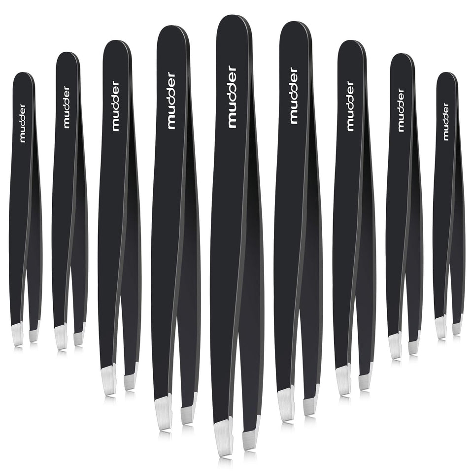 Mudder front view of 12-piece tweezers pack showing professional supply benefit