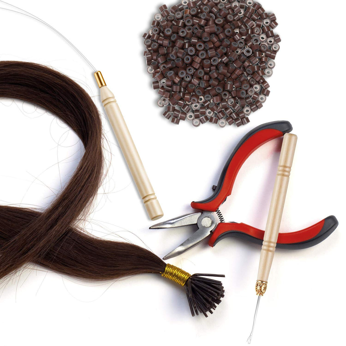 Mudder hands using pulling hook to thread hair through bead demonstrating faster installation benefit