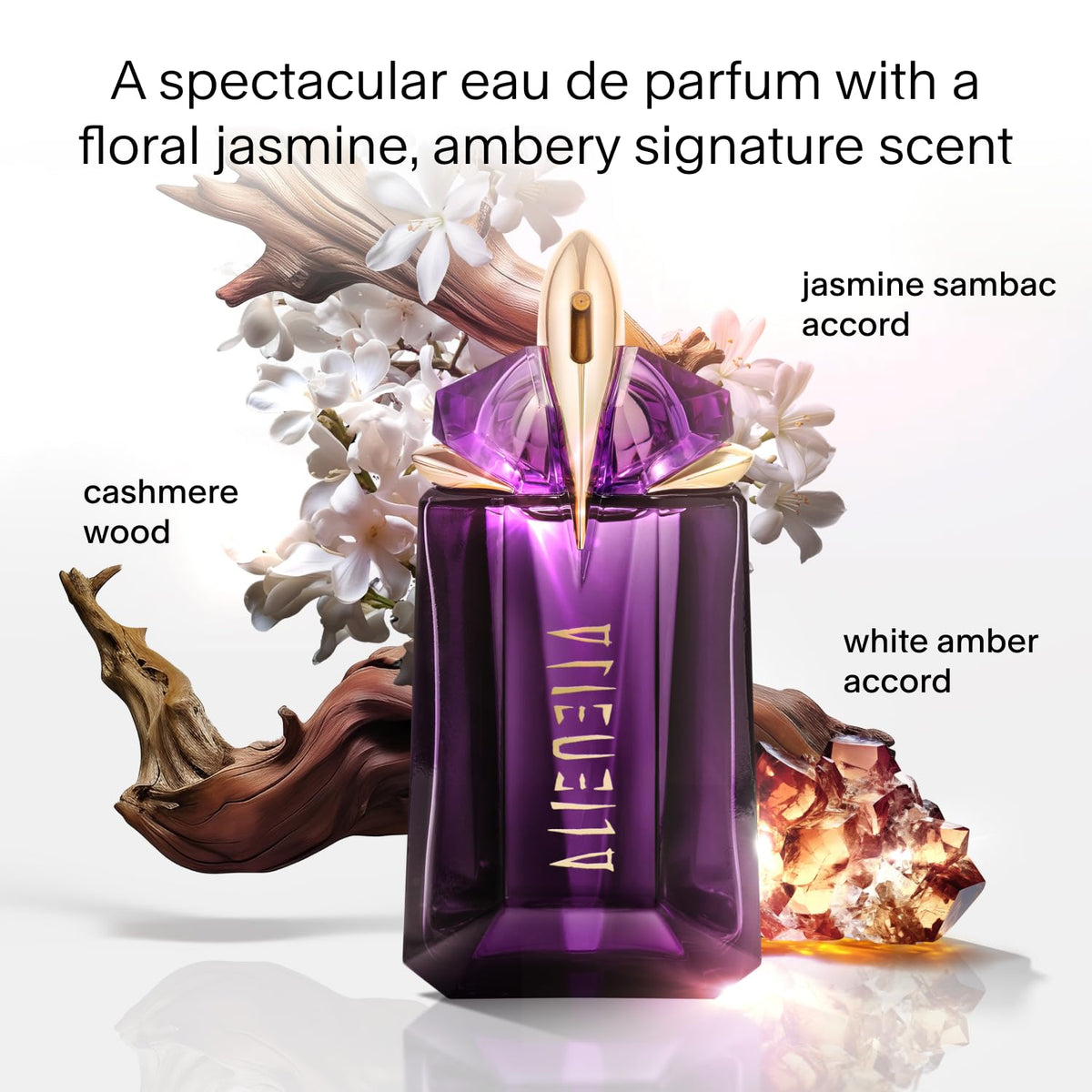 Mugler Alien close-up on bottle and jasmine detail highlighting radiant floral note