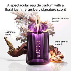Mugler Alien close-up on bottle and jasmine detail highlighting radiant floral note