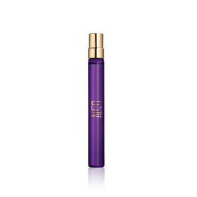 Mugler bottle front view showing sculptural design and luxury finish benefits portability