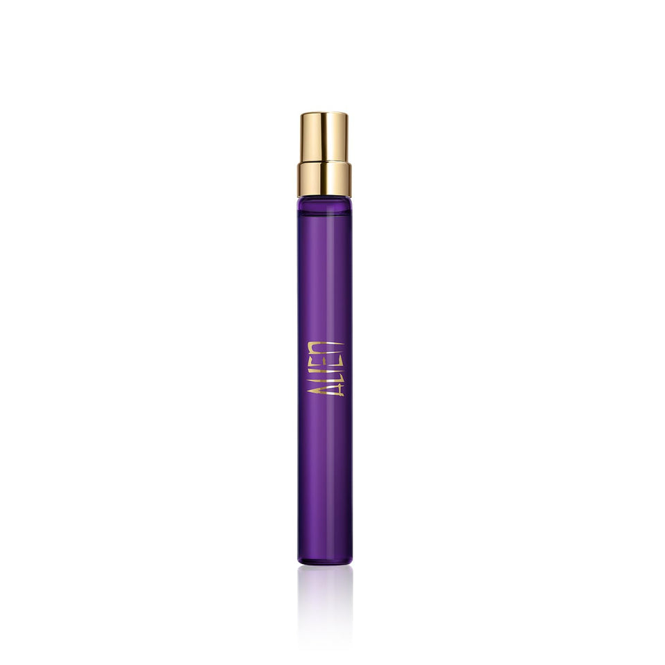 Mugler bottle front view showing sculptural design and luxury finish benefits portability