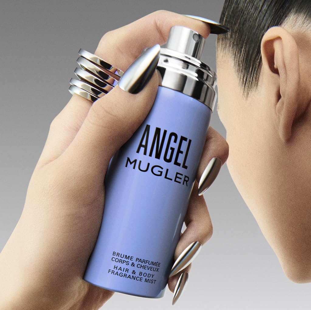 Mugler Angel bottle next to hand for size comparison and travel-friendly benefit