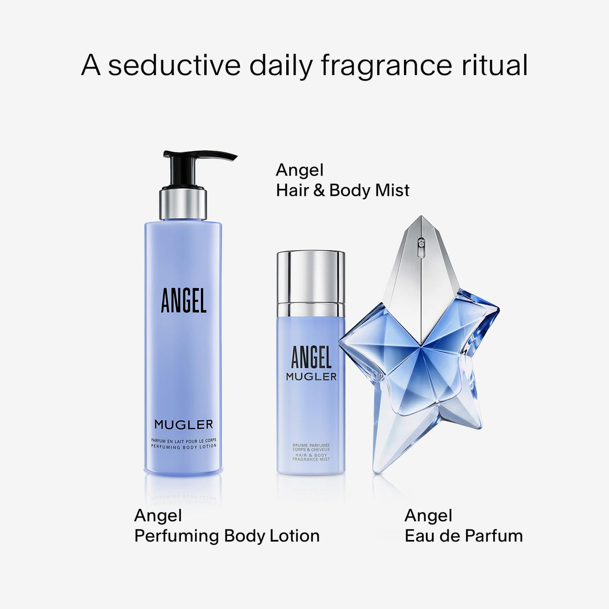 Mugler Angel mist spraying on hair to refresh scent and add soft fragrance