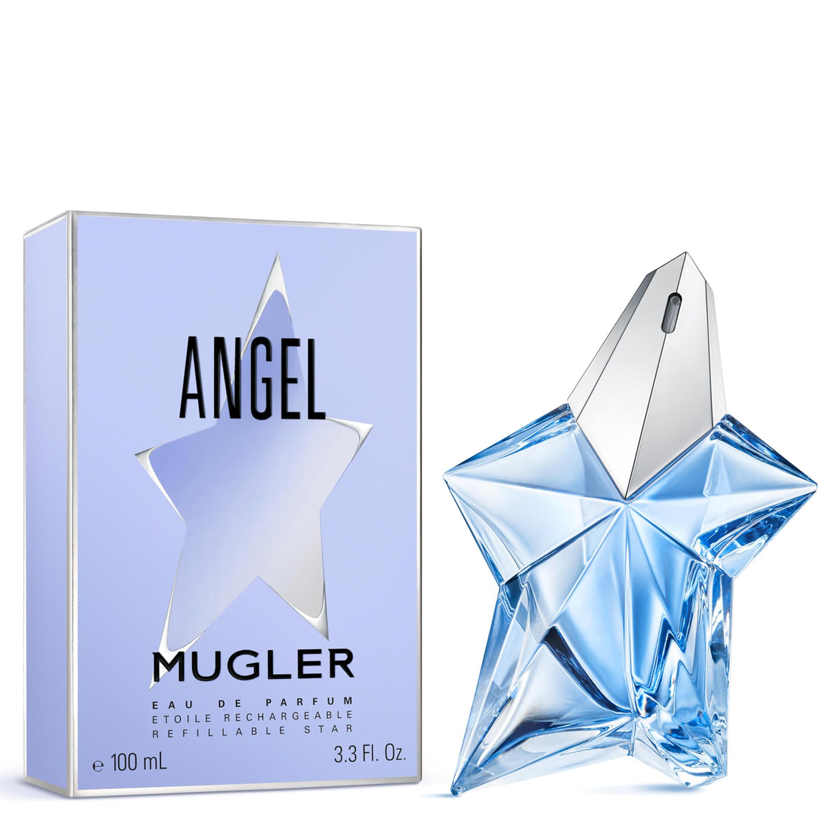 Mugler Angel with refill bottle demonstrating sustainable refill convenience