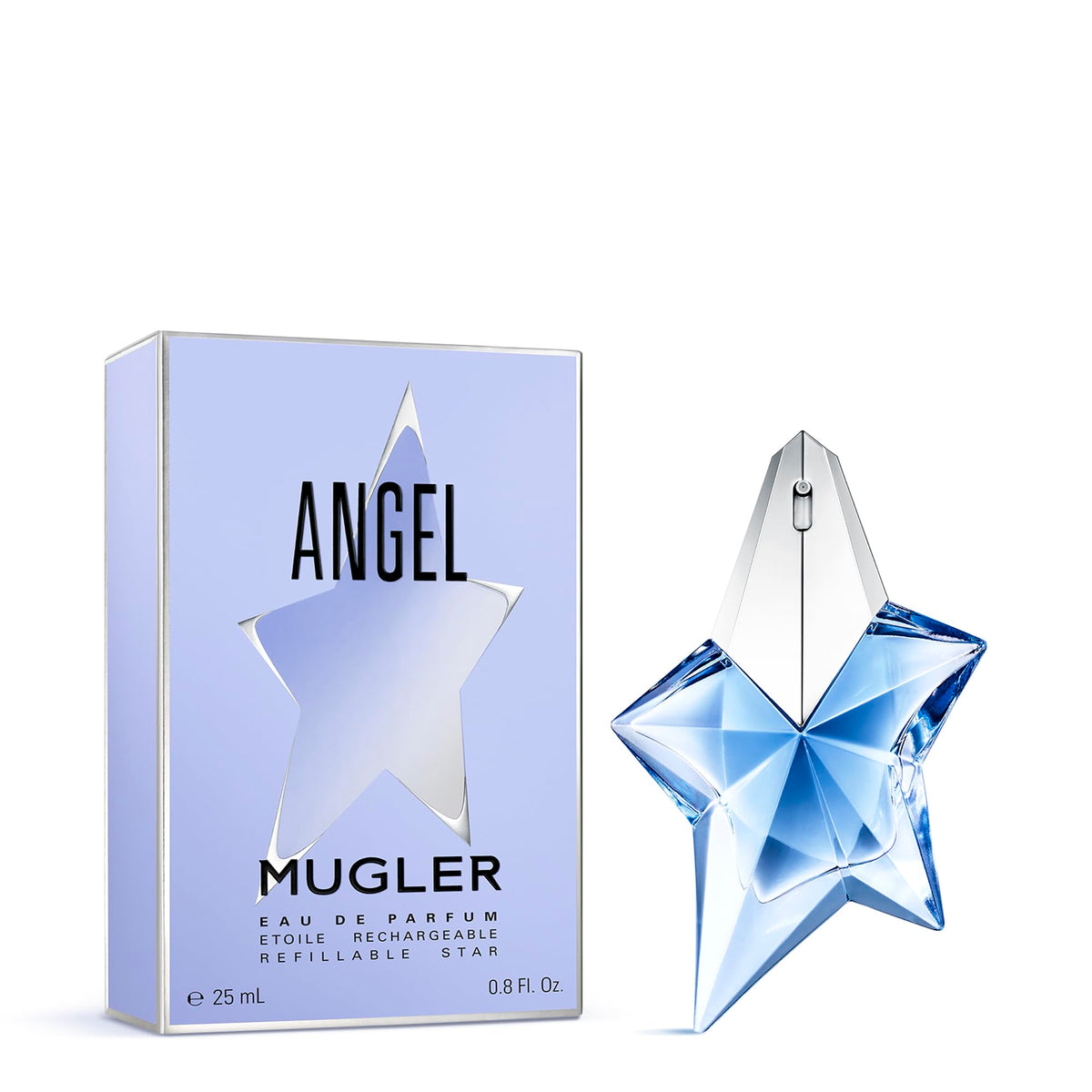 Mugler Angel next to a ruler showing 0.8 fl oz scale benefit: travel-friendly size