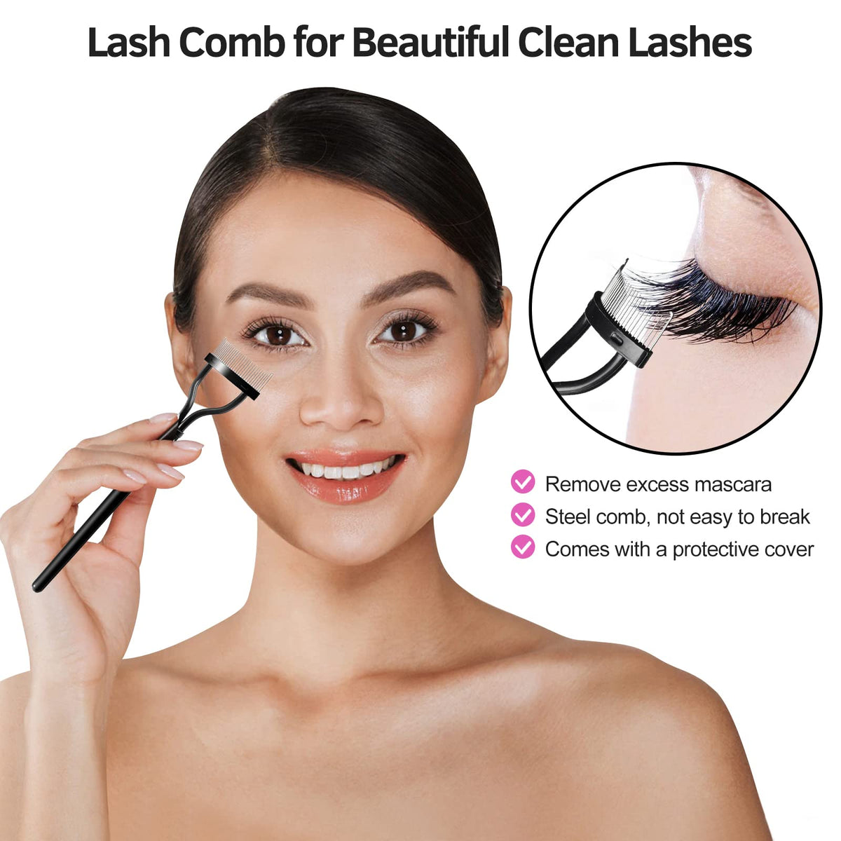 MUIIGOOD 3-in-1 mascara brush demonstrating lash separation and volume