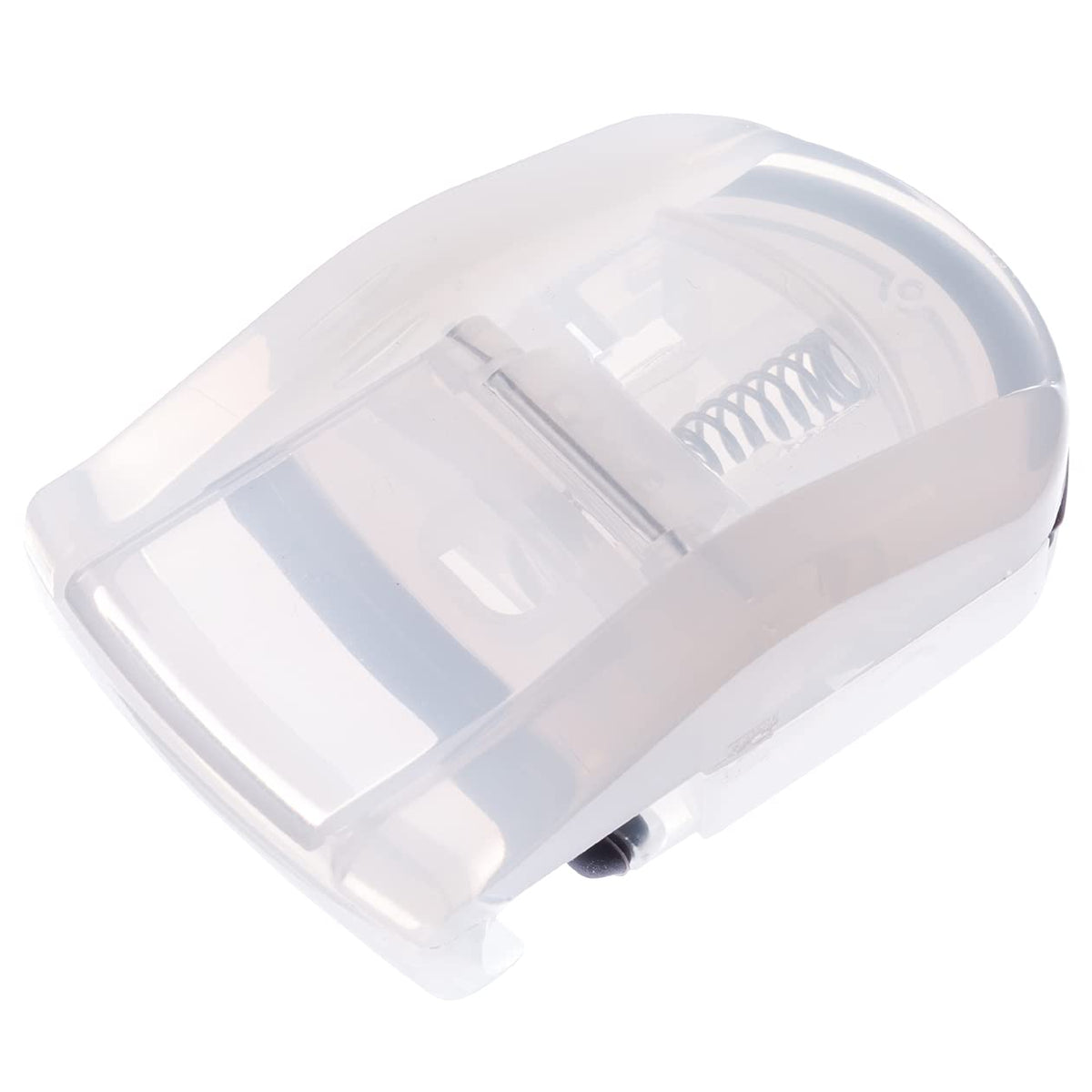 MUJI portable eyelash curler in hand scale demonstrating pocket-friendly size and easy grip