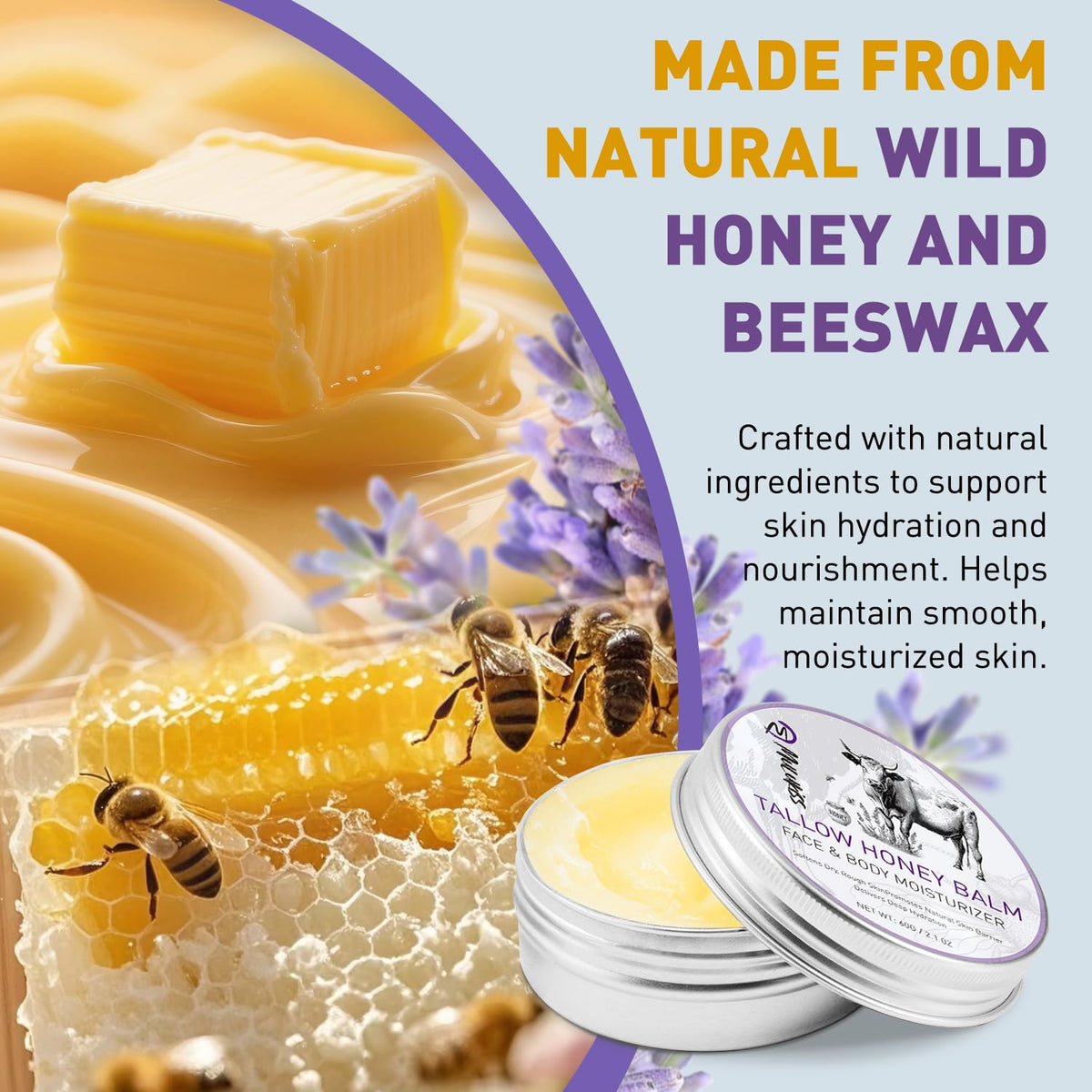 Mulukiss label close-up listing grass-fed tallow and lavender