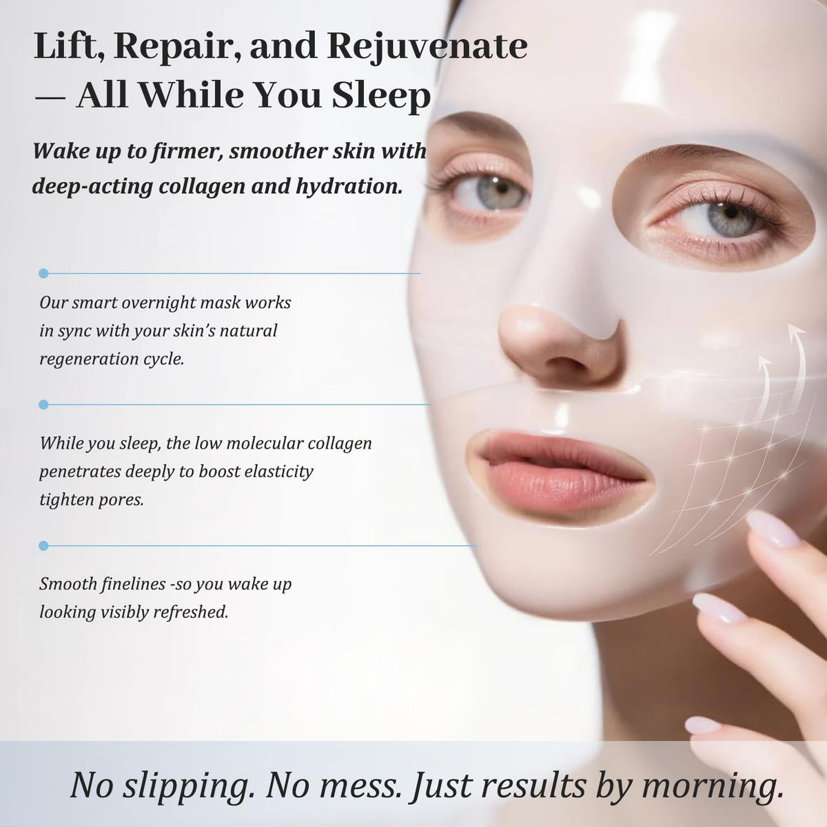 MUQIAN model wearing overnight mask demonstrating easy application and comfort