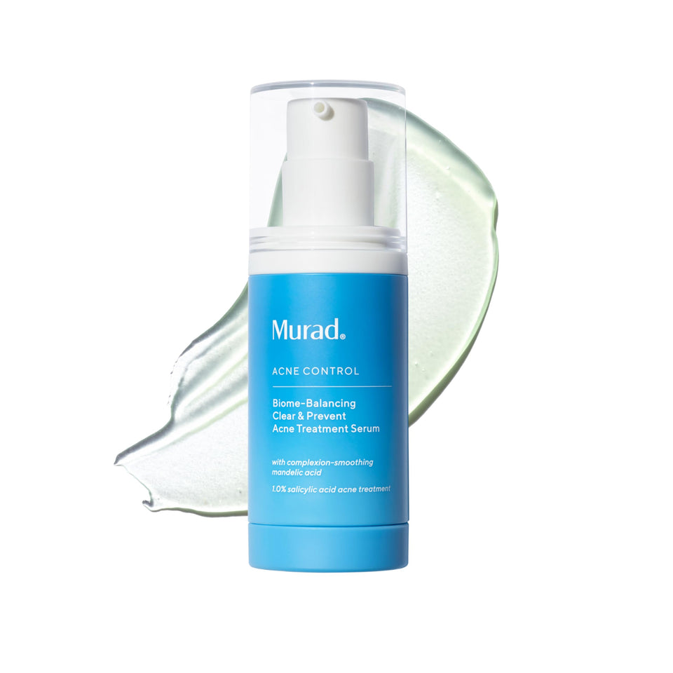 Murad front bottle showing acne treatment serum and easy application benefits