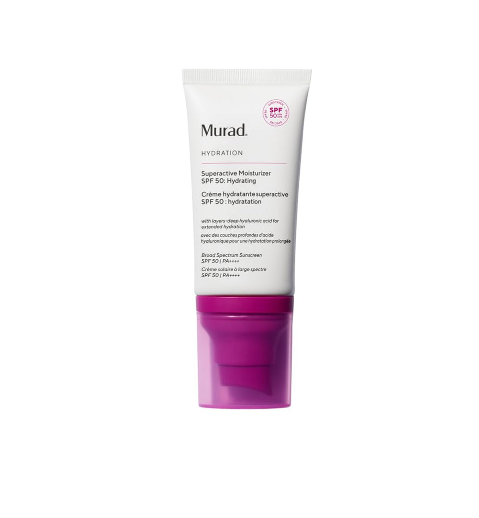 Murad front tube showing product name and SPF 50, highlights convenience