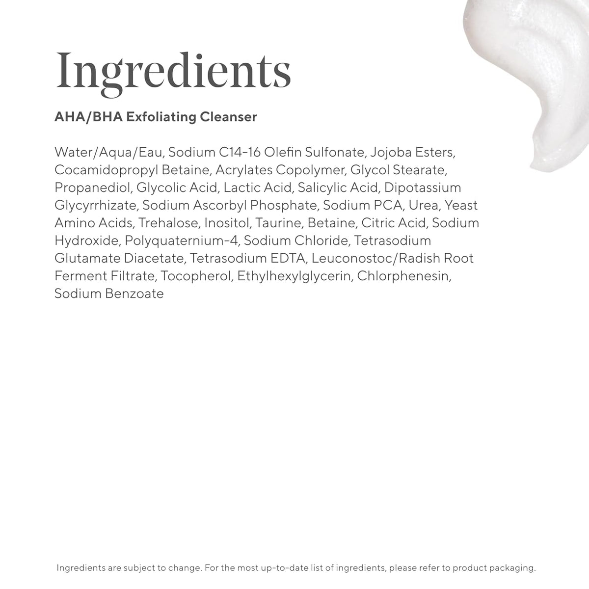 Murad ingredient label close-up emphasizing AHA BHA and soothing agents