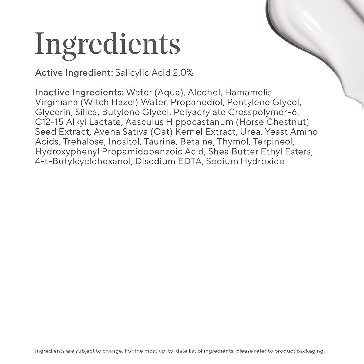 Murad ingredient label close-up displaying 2% salicylic acid and supportive botanical extracts