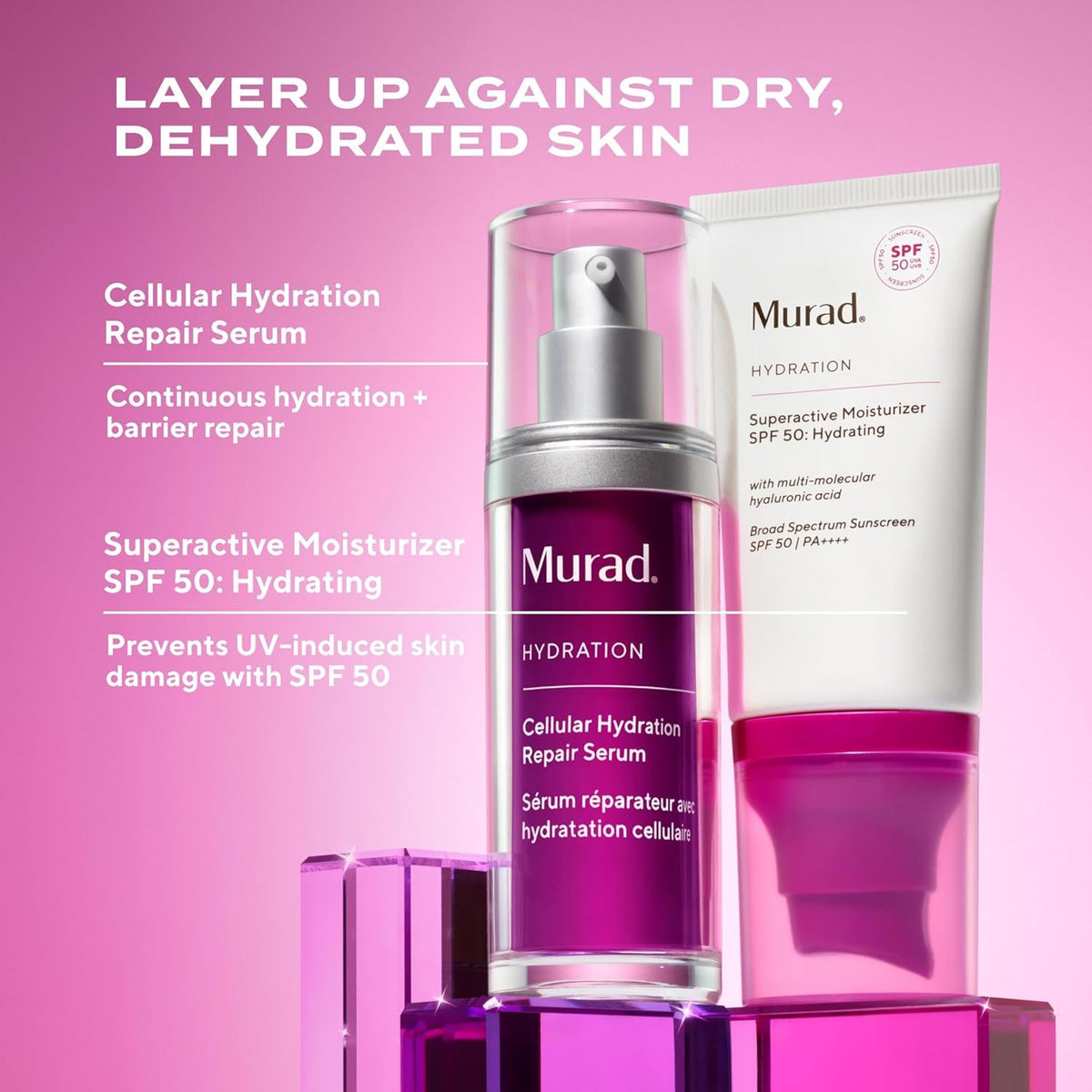 Murad SPF 50 graphic with sun icon, emphasizes high-level sun protection